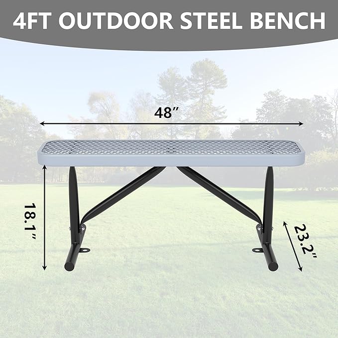 48" L Outdoor Steel Flat Bench, Heavy Duty Metal Park Bench for Outside, Expanded Metal, Commercial Benches Mesh Bench for Shopping Mall, Store, Lawn, Park, Patio, Deck, Garden (Grey, 4FT)-VerdiqueGarden