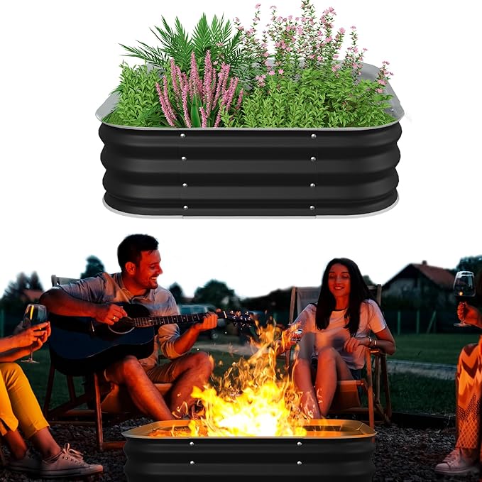 Fire Pit 48 Inch, Square Galvanized Steel Fire Pit for Outside, Heavy Duty Steel Fire Pit In-Ground for Backyard, Camping, Bonfire, Flower Raised Garden Bed for Garden, 11 Inch High-VerdiqueGarden