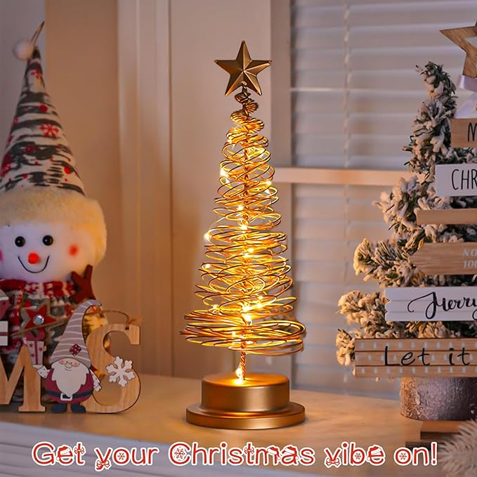 Christmas Tree Lamp, Spiral Christmas Tree with Glittering Star, AA Battery Operated Gold Christmas Tree Light with Metal Stand for Christmas Table Decoration（Batteries not Included）-VerdiqueGarden
