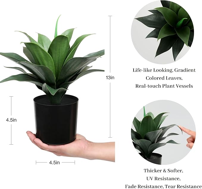 JUSTOYOU 14" Large Artificial Succulent Faux Agave Plant in Pot, Fake Potted Desk Plant Realistic Greenery Artificial Plants for Indoor Office Home Decor Bathroom Kitchen Shelf (Dark Green)-VerdiqueGarden