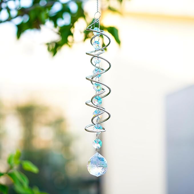 H&D HYALINE & DORA 17.7in Crystal Sun Catcher,Colorful Hanging Suncatcher with Octagonal Beads and Chain,Gazing Ball Spiral Tail,Rainbow Crystals for Indoor Outdoor Garden Decoration-VerdiqueGarden