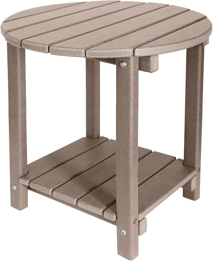 Adirondack Round Outdoor Side Table 2-Tier Storage Patio Side Table, HDPE End Tables for Backyard Pool Porch Garden Lawn (Teak)-VerdiqueGarden