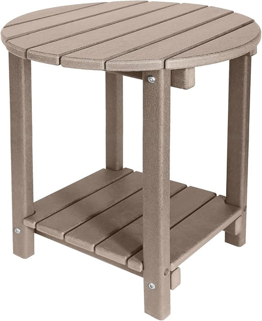 Adirondack Round Outdoor Side Table 2-Tier Storage Patio Side Table, HDPE End Tables for Backyard Pool Porch Garden Lawn (Teak)-VerdiqueGarden