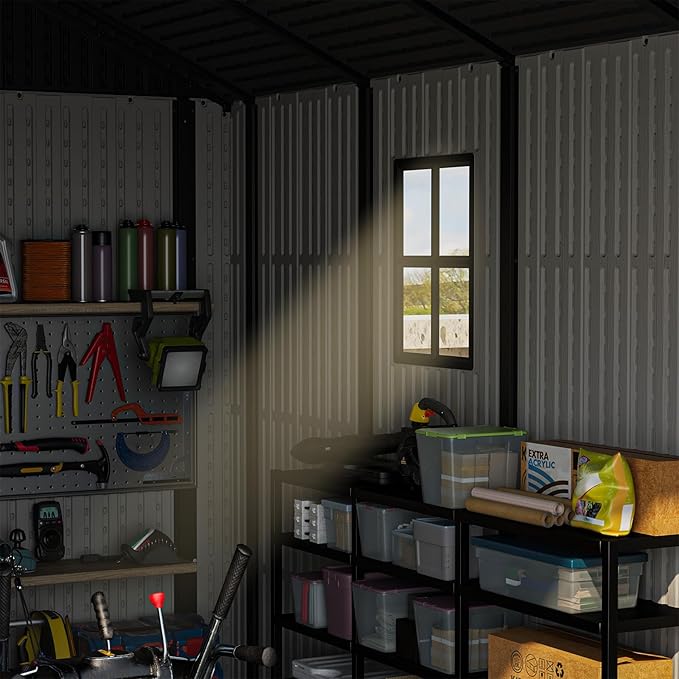 Patiowell 8 x 10 FT Resin Outdoor Storage Shed with Floor, Plastic Shed with Window and Lockable Door for Garden, Backyard, Tool Storage Use, Easy to Install in Beige (Kick-it Shed)-VerdiqueGarden