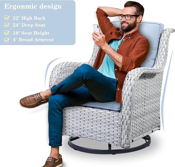 Wicker Patio Furniture Sets - 13 Piece Outdoor Rattan Furniture Conversation Sets with 4 Swivel Rocker Chairs, 2 Rattan Sofas, Wicker Ottomans and Coffee Table, Light Grey/Baby Blue-VerdiqueGarden