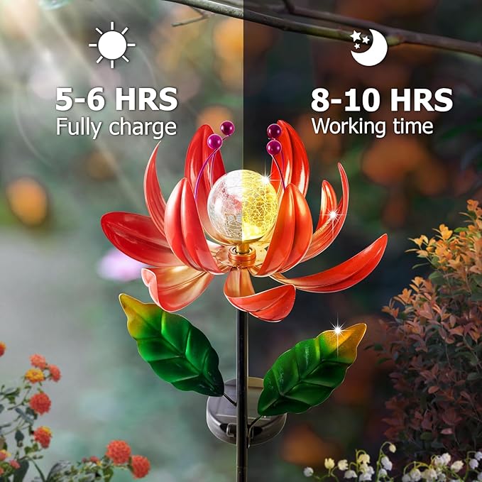 Solar Lights Outdoor Wind Spinners, Metal Lotus Flower Garden Decor with Waterproof LED Crackle Glass Globe for Patio Lawn Yard Outdoor Decor-VerdiqueGarden