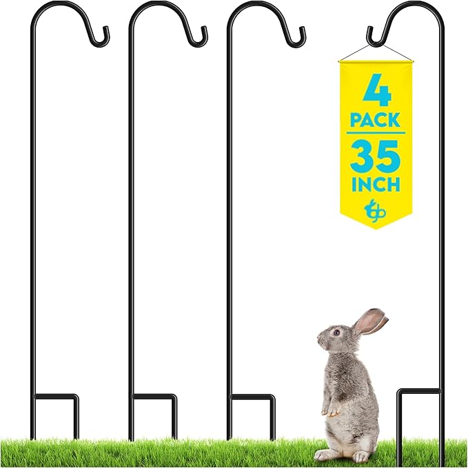 Gray Bunny 35" Shepherds Hooks for Outdoor 4 Pack, Thick Bird Feeder Pole, Hanging Plant Stand, Shepherds Hook for Bird Feeder, Non-Hollow, Non-Adjustable, Extra Long Base Prongs-VerdiqueGarden
