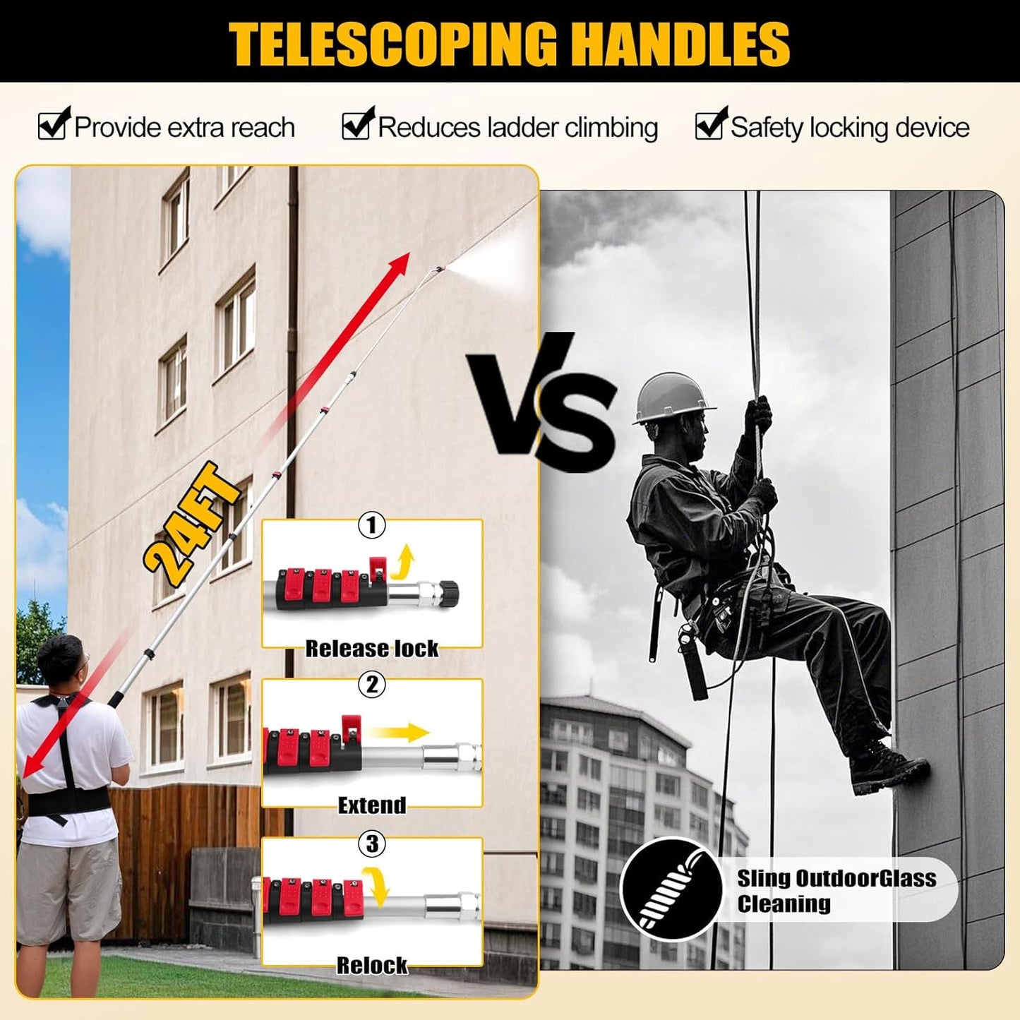 24FT Telescoping Power Washer Extension Wand, Gutter Cleaning Tools with Brush Head, 4 Adapters, 7 Spray Nozzles, Upgraded Support Belt, Pressure Washer Wand Extension for Wall Roof Gutter-VerdiqueGarden