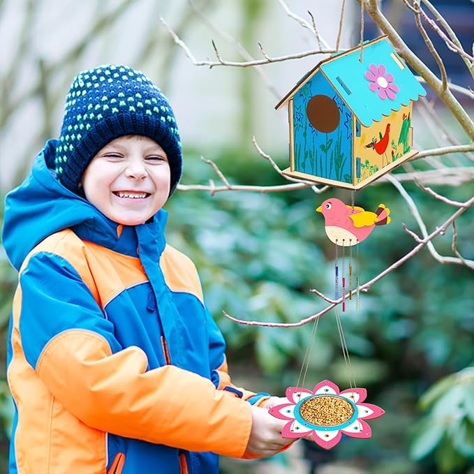 Fennoral 12 Pack Bird House Craft Kit for Kids Make You Own Bird Wind Chime Kit DIY Build and Paint Wooden Birdhouses Bird Feeder Art and Craft for Spring Yard Garden Outdoor Decoration-VerdiqueGarden