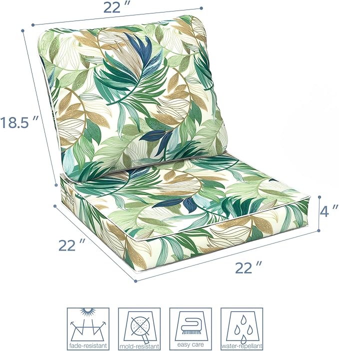 LVTXIII Outdoor Deep Seat Cushion Patio Seat and Back Cushion Set Seasonal Chair Cushion with Removable Cover and Adjustable Buckle for Home and Garden, 22"x22"x4", Lush Leaf Green-VerdiqueGarden
