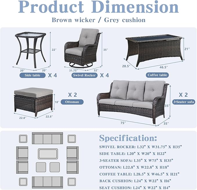 Wicker Patio Furniture Sets - 13 Piece Outdoor Rattan Furniture Conversation Sets with 4 Swivel Rocker Chairs, 2 Rattan Sofas, Wicker Ottomans and Coffee Table, Brown/Grey-VerdiqueGarden