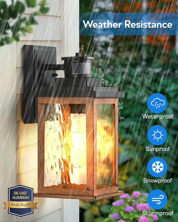 VIANIS Motion Sensor Outdoor Lights, Dusk to Dawn Outdoor Lighting for House, Wood Grain Garage Lights, Lantern Wall Mount, Waterproof Porch Sconce for Entryway, with Anti-Rust, Weather Resistant-VerdiqueGarden