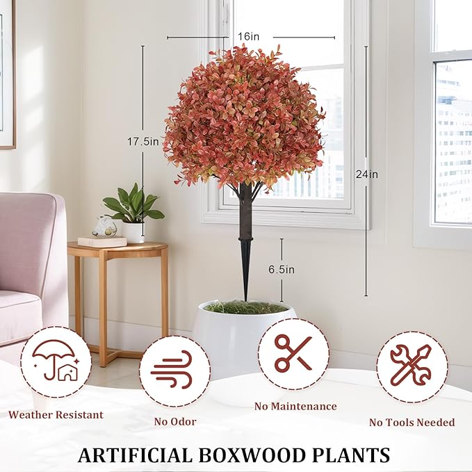 24" Tall Artificial Boxwood Ball Fall Topiary Trees Set of 2, UV Resistant Large Faux Plants Outdoor, 2ft Fake Bushes and Shrubs Look Real with Stake for Front Porch Outside Planter Backyard Decor-VerdiqueGarden