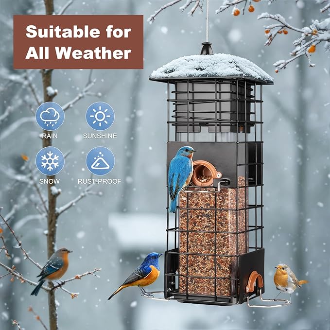 Squirrel Proof Bird Feeder - Metal Outdoor Design with 4 Feeding Ports, Wild Bird Feeders for Outside, 2.5lb Large Capacity, Ideal Gift for Bird Lovers-VerdiqueGarden