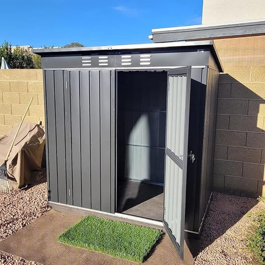 Domi Outdoor Storage Shed 6' x 4.5’, Metal Garden Shed with Galvanized Steel Frame for Bike, Tools, Lawn Mowers, Pool Toys, Outdoor Storage Cabinet with Lockable Door for Garden Lawn Patio (Dark Grey)-VerdiqueGarden