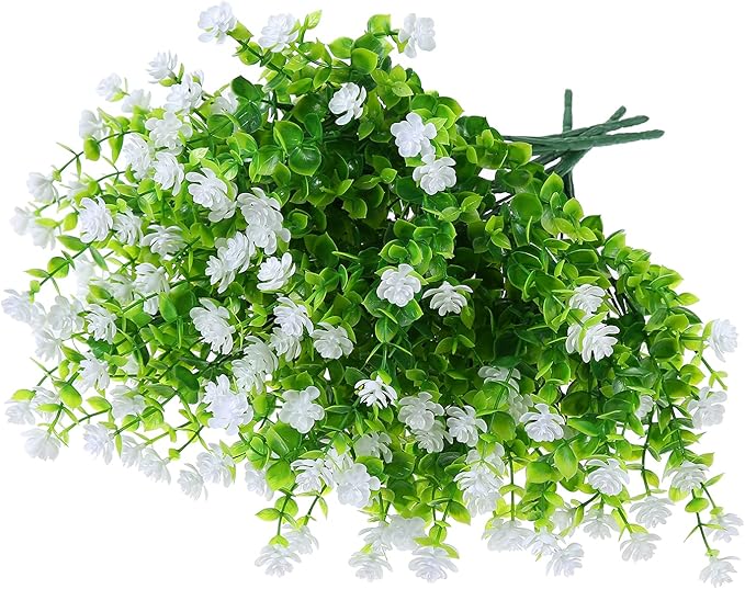 Artificial Plants Flowers Grass Shrubs 8 Pack No Fade Faux Plastic Flowers Outdoor for Vases Farmhouse Garden Porch Patio Office Indoor Wedding Decoration Greenery Fake Plants (2#White)-VerdiqueGarden