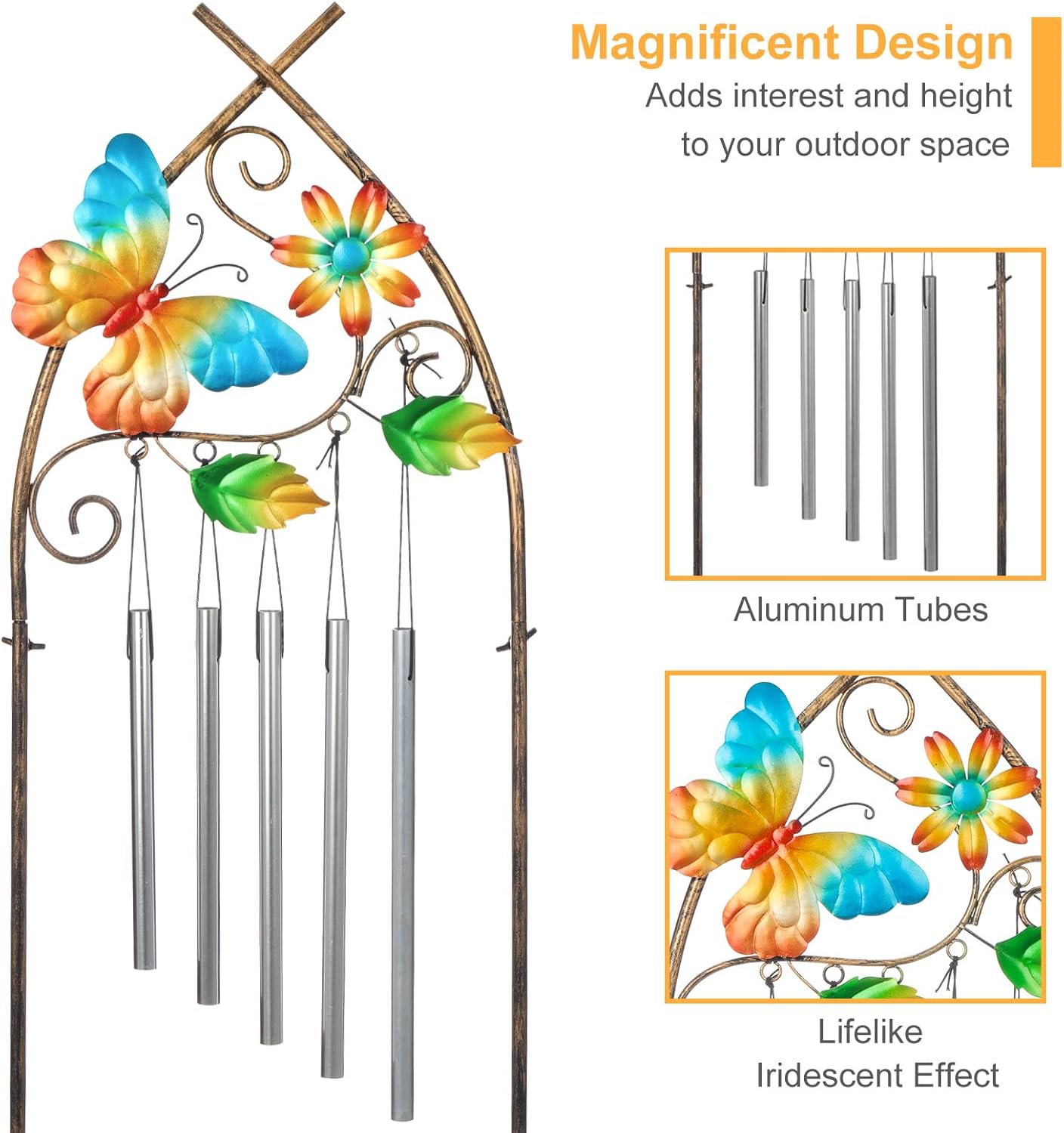 Garden Trellis with Plant Stands, 48” Metal Detachable Butterfly Plant Pot Trellis with Wind Chimes for Climbing Plants Outdoor Lawn Patio Porches Decor-VerdiqueGarden