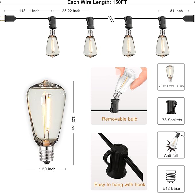 DAMAING Outdoor String Lights 150 FT Patio Lights String with 75 Dimmable ST38 Plastic LED Bulbs,Vintage Shatterproof Edison String Lights Waterproof for Bistro Balcony Backyard and Gazobos.-VerdiqueGarden