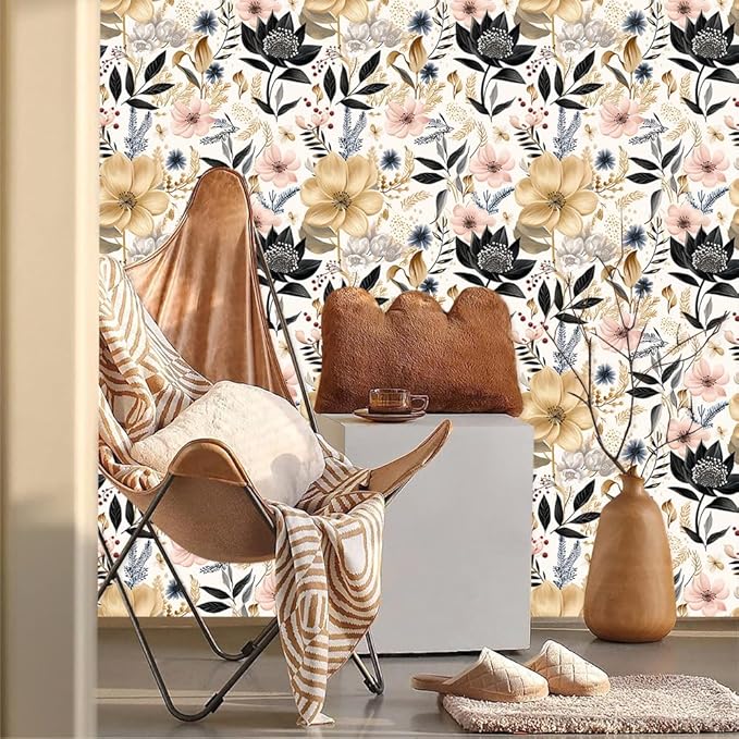 White/Pink/Gold Floral Garden Black Blue Flowers Vintage Peel and Stick Wallpaper Self Adhesive Removable Easy Peel Off Contact Paper Stick on Wall Paper for Bedroom Cabinet Renter Friendly-VerdiqueGarden