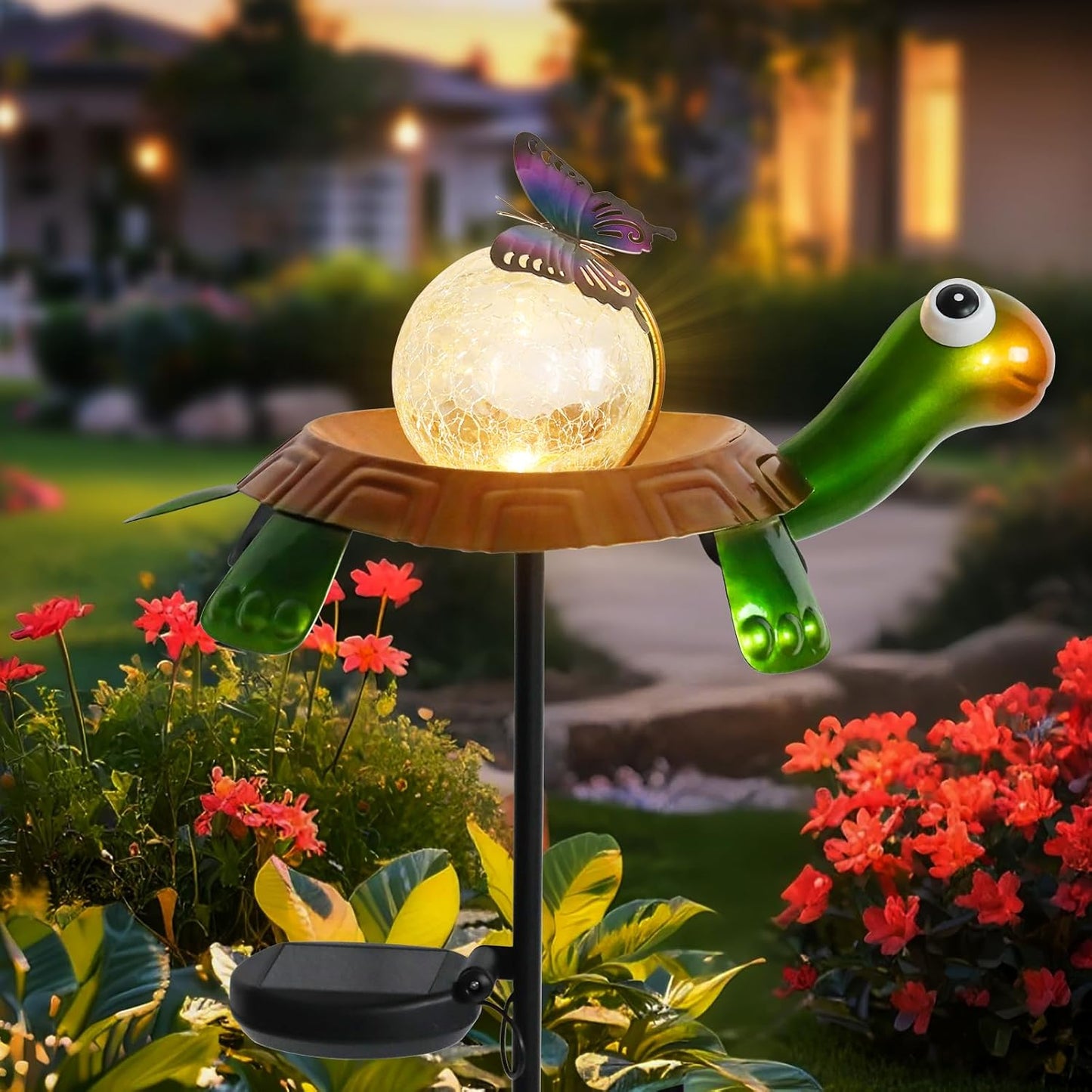 Afirst Solar Lights Outdoor Decorative Metal Turtle Crackle Glass Globe with Butterfly Warm White LED Metal Waterproof Garden Stake Lights for Walkway Pathway Lawn Patio Yard Decorations-VerdiqueGarden