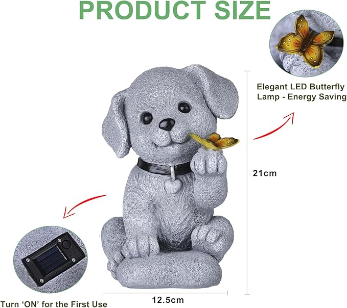 Solar Dog Statue Garden Decor with Butterfly Light – Waterproof Outdoor Yard Art for Patio, Lawn, Balcony for Mother’s Day, Father’s Day, Housewarming, Mom, Dad, Grandma, Men, Women-VerdiqueGarden