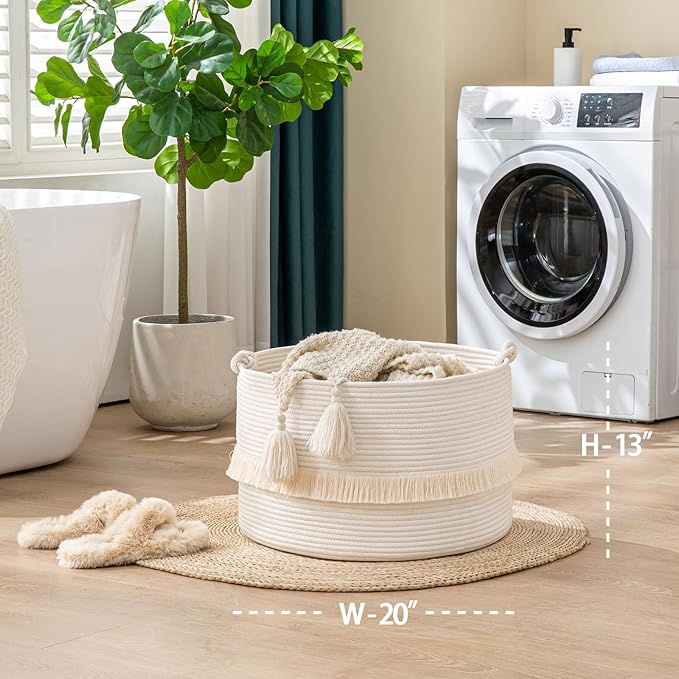 KAKAMAY Large Blanket Basket (20"x13"),Woven Baskets for storage Baby Laundry Hamper, Cotton Rope Blanket Basket for Living Room, Laundry, Nursery, Pillows, Baby Toy chest (White)-VerdiqueGarden