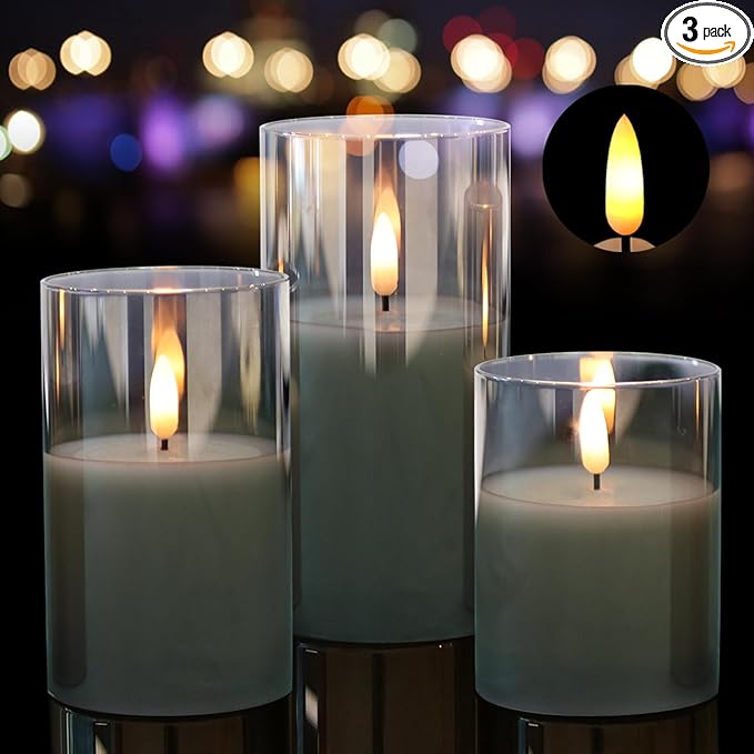 Glass Flameless Candles with Remote Timer,LED Candles Flickering Battery Operated with 3D Wick,Candle Holders Table Centerpiece Decoration for Home Wedding Birthday Festival(Grey)-VerdiqueGarden