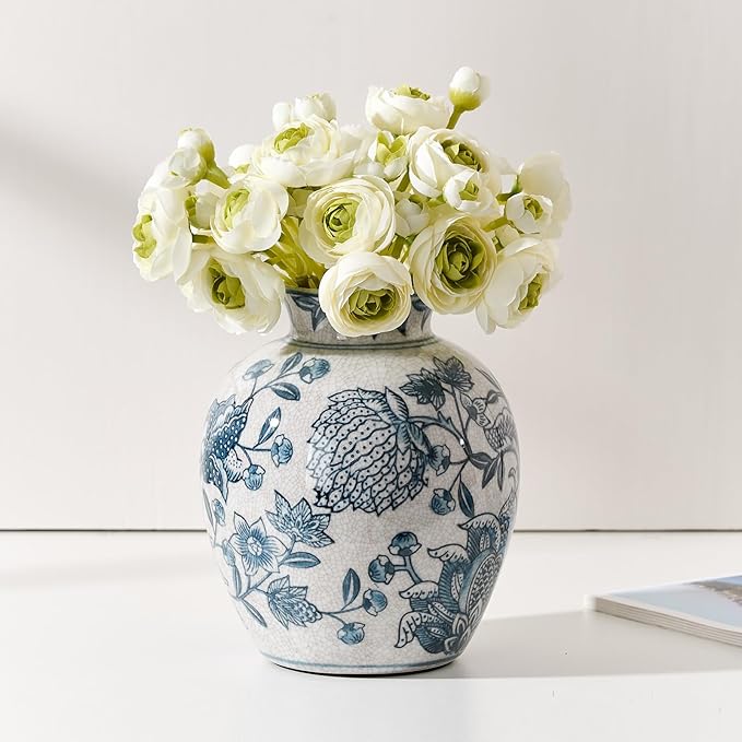 SIDUCAL Ceramic Chinoiserie Floral Vase | 6.3 Inch Blue and White Vintage | Retro Ice Cracked Blue and White Porcelain Vase for Table, Living Room, Bathroom Decoration, Shelf Decor, Mantel-VerdiqueGarden
