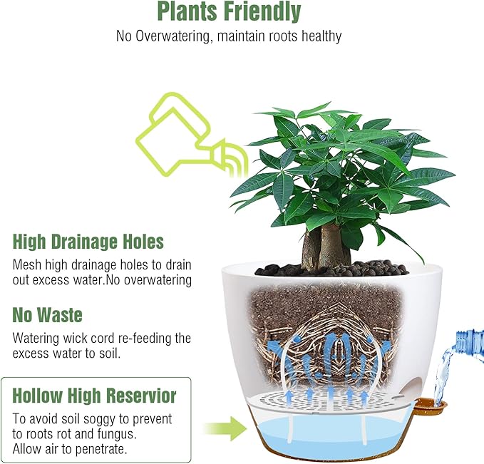 12 inch Large Self Watering Pots, Plastic Planters with 60oZ Removable Deep Reservoir and Multi Mesh Drainage Holes for Indoor Outdoor Garden Plants and Flowers, White with Brown-VerdiqueGarden