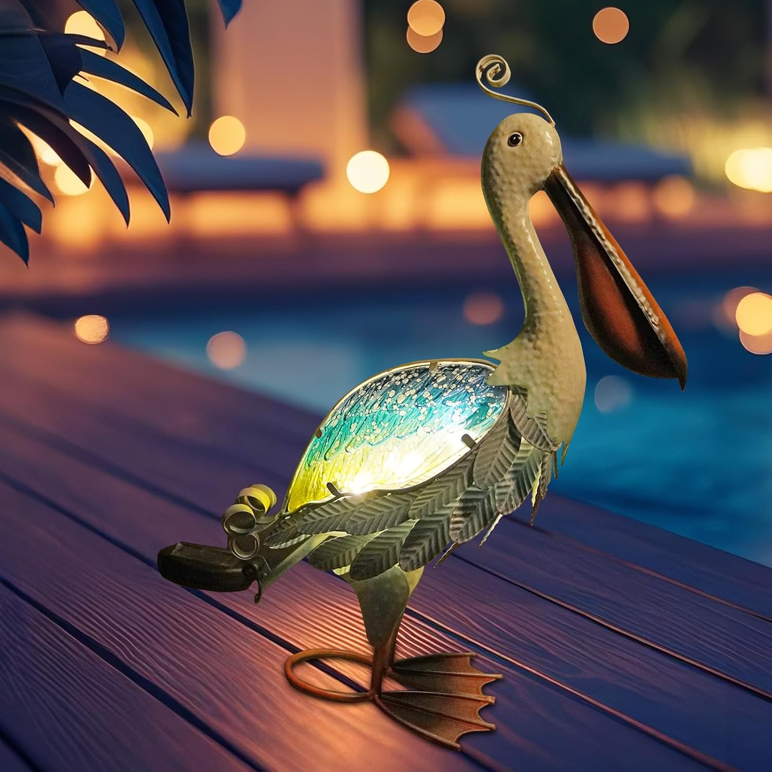 HONGLAND Solar Metal Pelican Statues Garden Sculpture & Statues, 19 Inch Glass Outdoor Pelican Yard Art Coastal Ocean Bird Decor Lawn Ornament for Backyard Porch Patio Decor（Blue-Green）-VerdiqueGarden