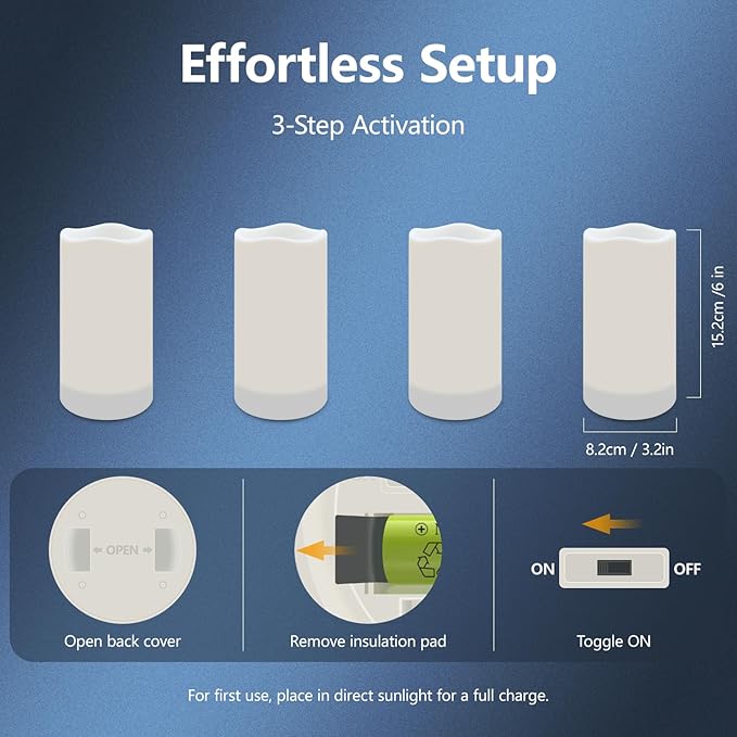 salipt Solar Powered Candles - 3.25" x 6" Waterproof LED Flameless Pillar Candle Set,Dusk to Dawn, Rechargeable Solar Battery Included,Waterproof for Patio Decor,Set of 4-VerdiqueGarden