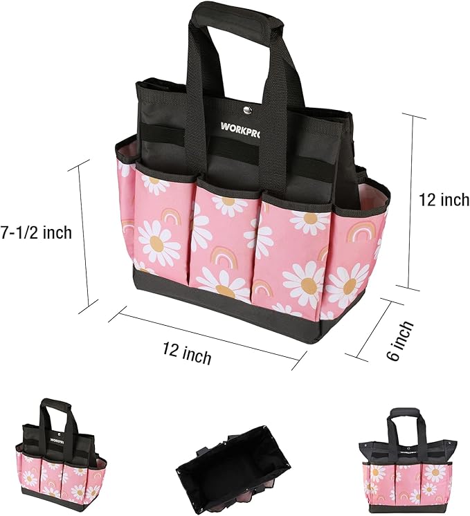 WORKPRO Garden Tool Bag, 9 Pockets Gardening Bag, Heavy Duty Oxford Garden Tote Caddy (Tools NOT Included), 12" x 12" x 6"-Pink Ribbon-VerdiqueGarden