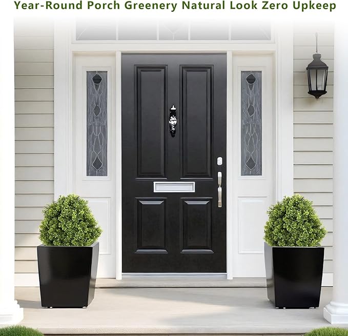 THE BLOOM TIMES 2ft Faux Boxwood Plants Outdoor Set of 2, Topiary Balls Artificial Outside Trees, 24" UV Resistant Fake Greenery Bushes & Shrubs for Front Porch Planter-VerdiqueGarden