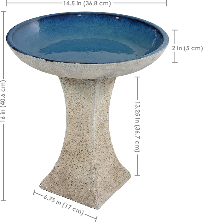 Sunnydaze Ceramic Bird Bath for Outside - 16" H - UV- and Frost-Resistant - Pedestal Bird Bath - Blue Glazed Bowl - White Lava Finish-VerdiqueGarden