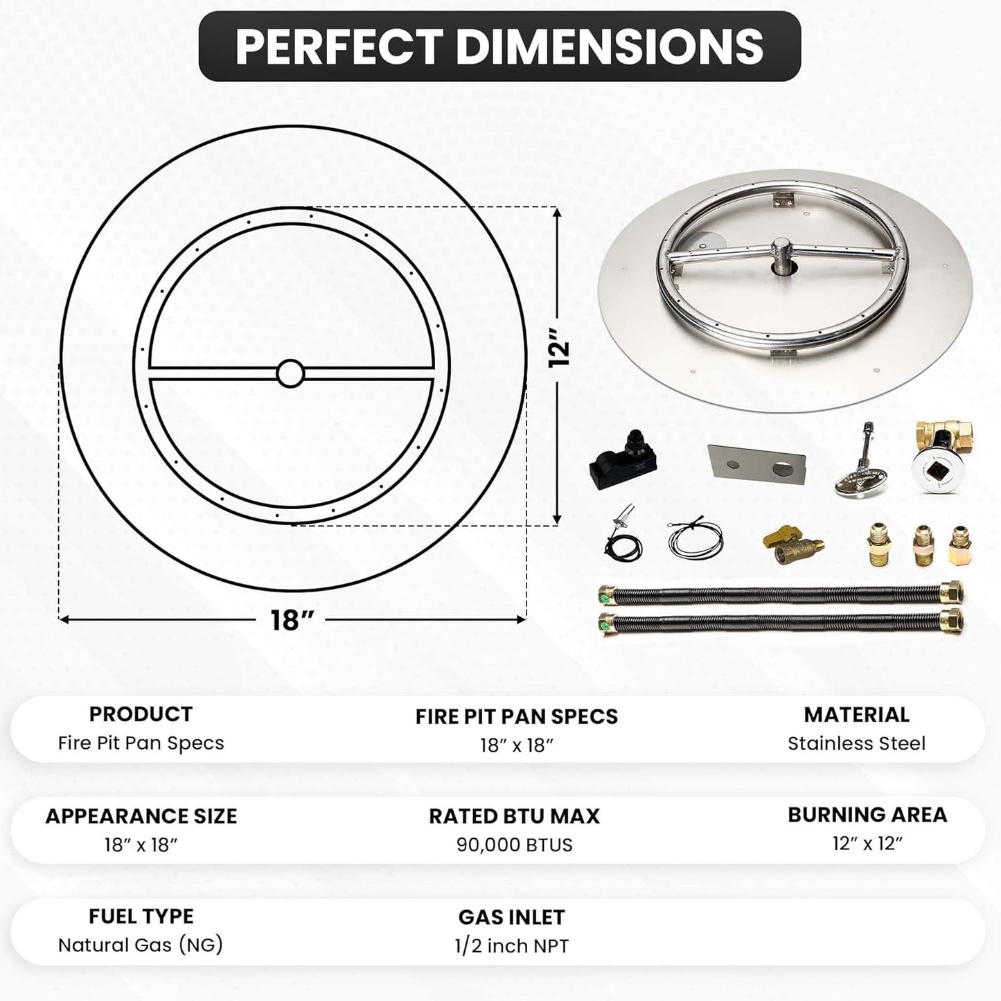 Stainless Steel Fire Pit Burner Pan & Ring Deluxe Kit for Natural Gas, 18-Inch Pan, 12-Inch Ring, 90,000 BTU Max-VerdiqueGarden