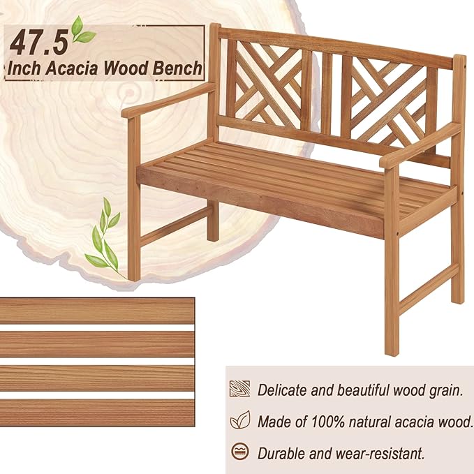 Giantex Outdoor Wooden Garden Bench - 2-Person Acacia Wood Loveseat with Armrests, Backrest, 800lbs Capacity, Patio Park Bench for Backyard, Front Porch Bench (Non-Foldable)-VerdiqueGarden