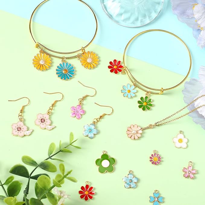 MARFOREVER 40 Pcs/20 Pairs Flower Charms for Jewelry Making Spring Summer Floral Themed Charms Assorted Gold Enamel Charm Pendants for Earrings Necklace Bracelet Making Accessories Gift for Mom Women