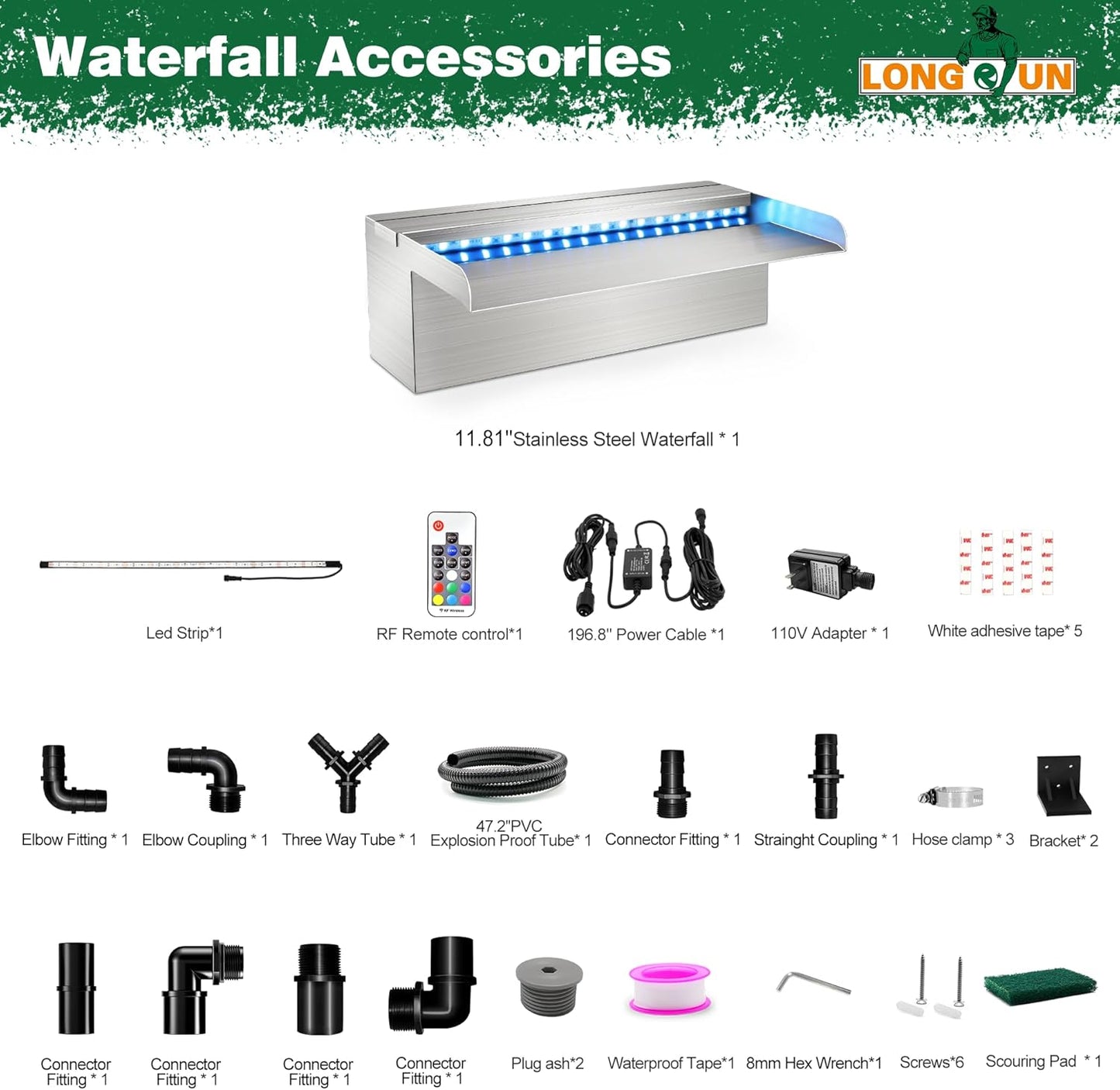 LONGRUN Waterfall Pool Fountain, Updated 5.9'' Wider Open Lip Stainless Steel Waterfall Spillway, Decorative Water Feature for Swimming Pools, Koi Ponds, Spa & Garden - 11.8''-VerdiqueGarden