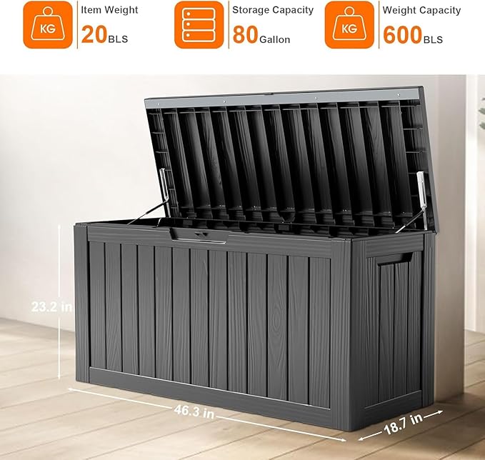 80 Gallon Resin Deck Box, Lockable Outdoor Storage Box for Patio Cushions Storage Furniture,Garden Tools, Pool Supplies, Weatherproof and UV Resistant- Black (80 Gallon)-VerdiqueGarden