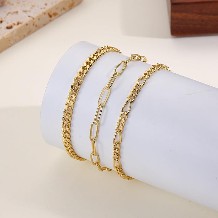Gold Bracelets for Women, 18K Gold Plated Dainty Paperclip Link Chain Bracelets Thin Cute Stackable Bracelet Pack Fashion Accessories Gifts for Women