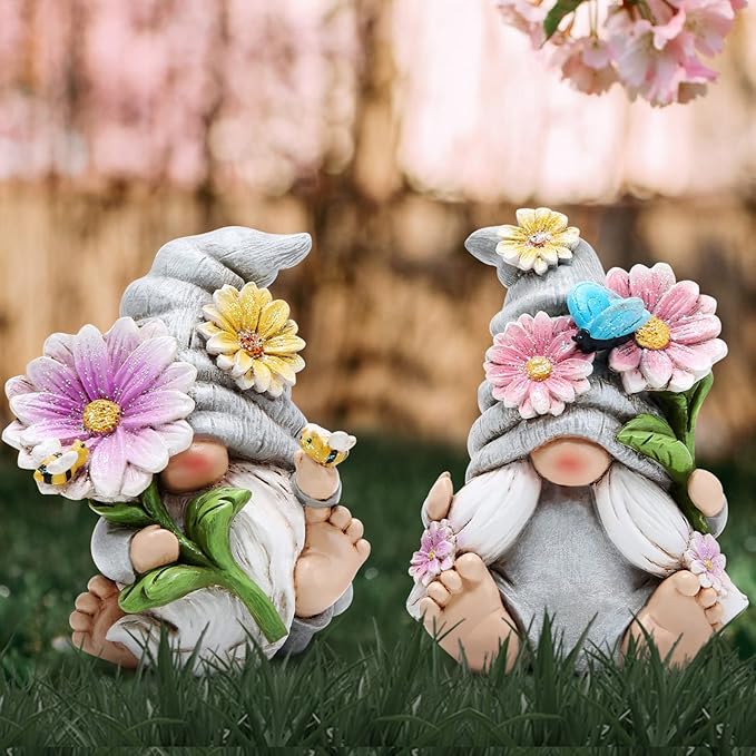 Hodao Set of 2 Spring Gnome Decorations Flower Gnomes Ornaments Decor Summer Gnomes Figurines Spring Gnomes for Outdoor Garden Decor Spring Birthday Gifts for Women, Mom, Grandma (Grey)-VerdiqueGarden