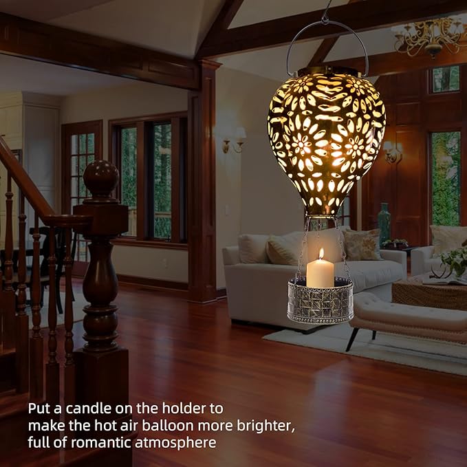 Hot Air Balloon Solar Lantern,Hanging Lantern Outdoor Waterproof Decorative Metal LED Solar Lights for Trees Patio Garden Yard Porch Decor, Gold-VerdiqueGarden