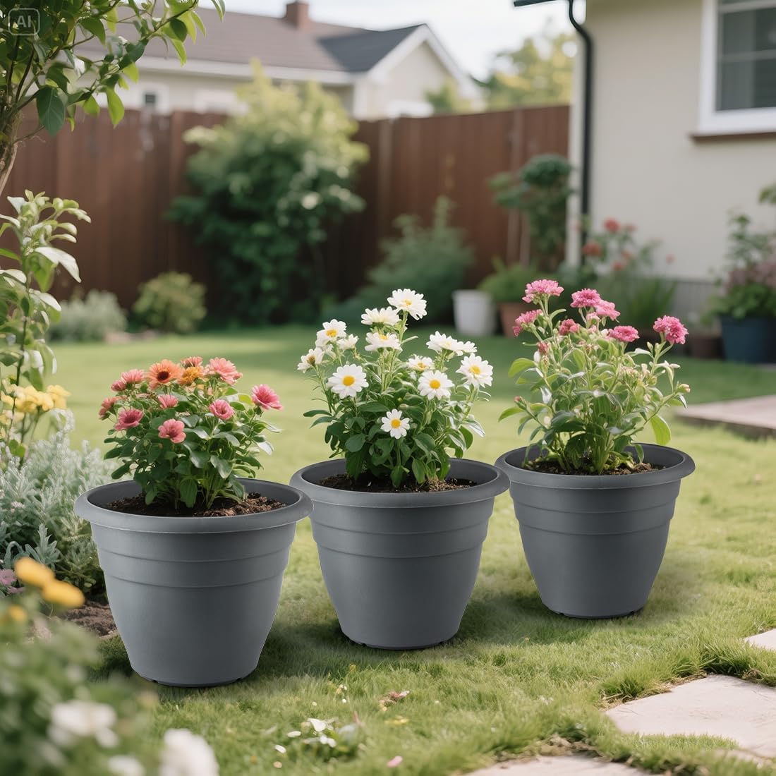 12 Inch Plant Pots, Large Planters for Outdoor Plants, Plastic Flower Pots - Durable and Lightweight with Drainage Holes (3 Packs, Gray)-VerdiqueGarden