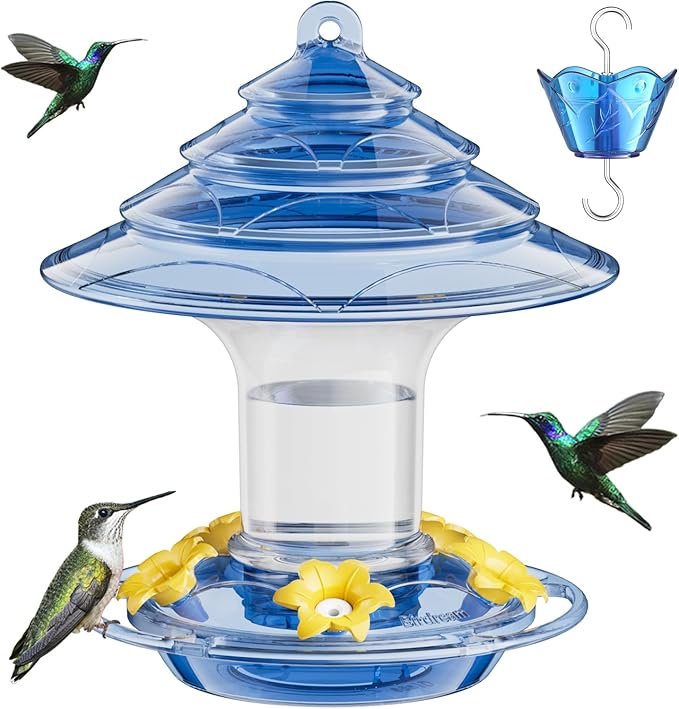 Birdream Hummingbird Feeder for Outdoors Hanging, 20oz Hummingbird Feeders with 5 Bee Guard Feeding Ports & Built-in Ant Moat Brush Leak-Proof for Outside Gifts for Women - Blue-VerdiqueGarden