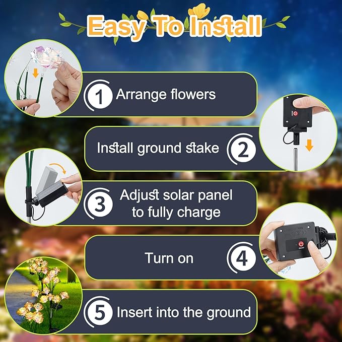 Solar Garden Lights Outdoor, 4 Pack 24-Head Artificial Flowers Solar Lights, IP65 Waterproof Garden Decoration for Yard Patio Path Cemetery Grave, Gifts for Mom Women Bithday Mother's Day-Auto ON/Off-VerdiqueGarden