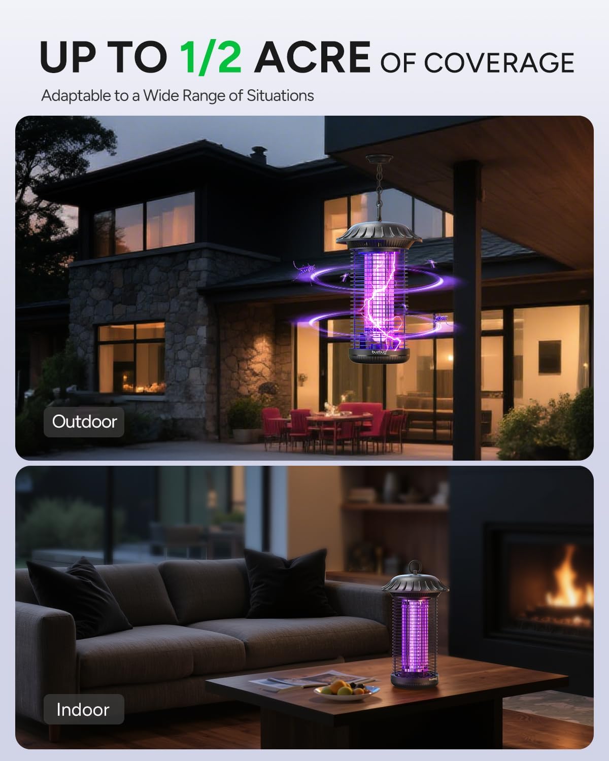 Buzbug LED Bug Zapper Indoor Outdoor, 10 Years Lifespan, 6.5ft Power Cord, IPX4 Waterproof, High-Voltage, Mosquito Zapper, Fly Trap Mosquito Trap, Fly Killer Fly Zapper -MO008C-VerdiqueGarden