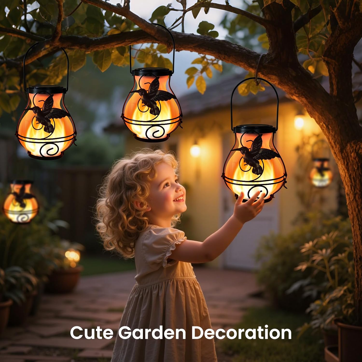 2 Pack Solar Lanterns Outdoor Waterproof Flickering Flame Lights Hummingbird Metal Hanging Solar Lantern Patio Porch Garden Decoration-VerdiqueGarden