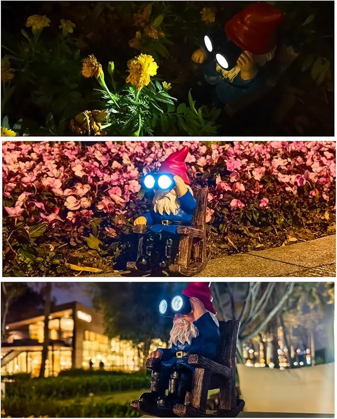 Solar Garden Gnome Statues Resin Gnome Figurines Sitting on Rocking Chair Outdoor Telescope Gnome Gifts for Yard, Patio Decor Gift-VerdiqueGarden