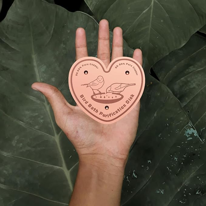 2-Pack 99.99% Pure Copper Bird Bath Purification Disk,Copper Disc with Stable Triple-Point Support,Fits All Outdoor Bird Baths(Heart-Shaped&Round)-VerdiqueGarden