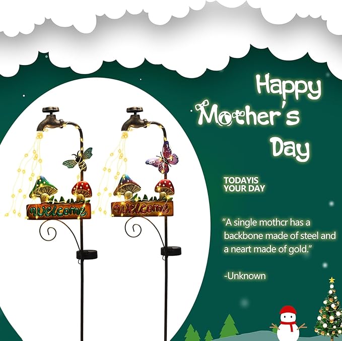 2 Pack 'Welcome' Mushroom & Butterfly Solar Yard Lights - Outdoor Solar Lights for Yard Decorative, Garden Decor Lawn Ornaments, Unique Decorative Garden Stakes for Pathways-VerdiqueGarden